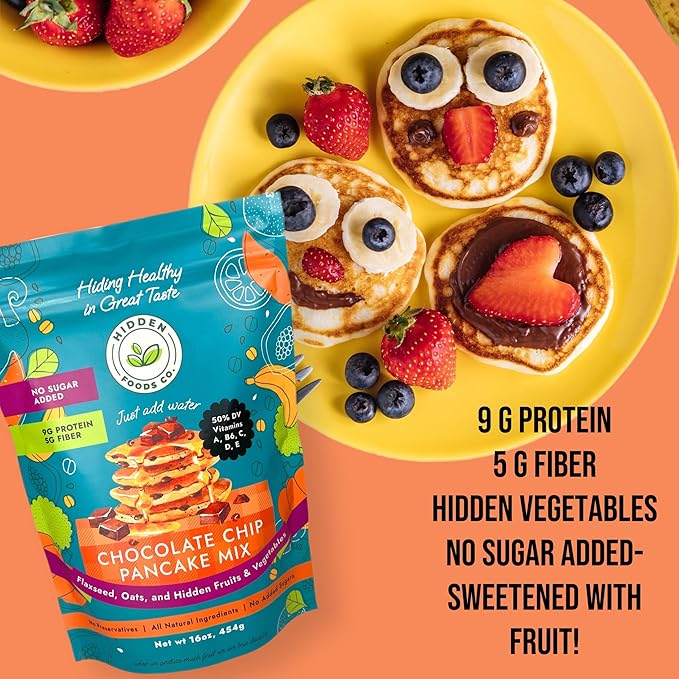 Hidden Foods Chocolate Pancake Mix with Monk Fruit – Chocolate Chip Pancakes Perfect Breakfast - Fiber and Protein Choco Pancake Mix with Wheat & Oat Flour Blend of Vegetables - Waffle Mix 2 Pack