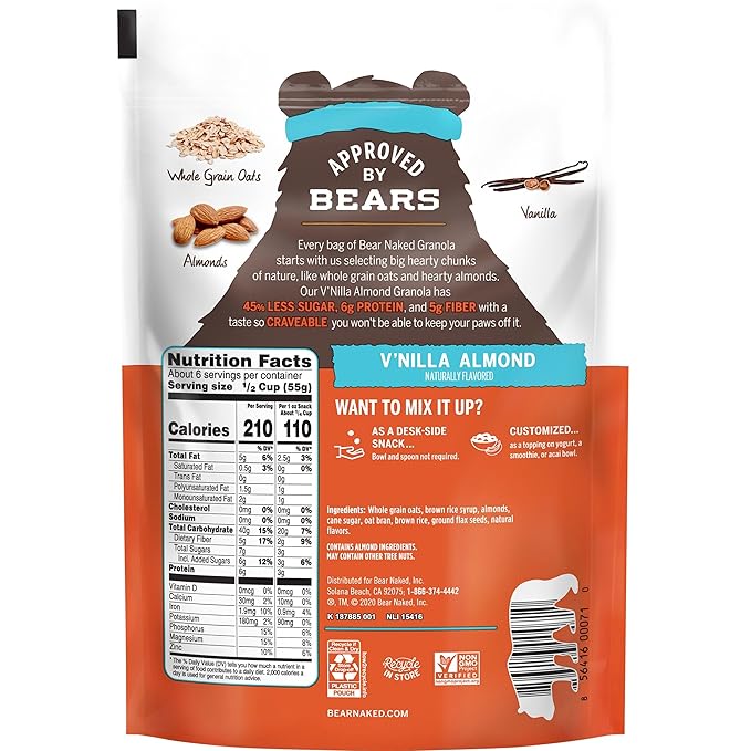Bear Naked Granola Cereal, Whole Grain Granola, Breakfast Snacks, Vanilla Almond Crisp (6 Bags)