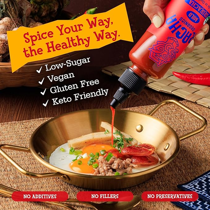 Racha Organics Mild Sriracha Hot Sauce - USDA Organic Sriracha Sauce Made with Estate-Grown Thai Chili Peppers - Low-Sugar, Non-GMO, Gluten Free, Keto Friendly - 10oz - Made in Thailand