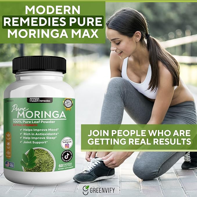 Modern Remedies Pure Moringa Max Leaf Powder Supplement, 800mg, 60 Capsules, Extra Strength for Mood, Sleep and Joint Support, Gluten Free (5)
