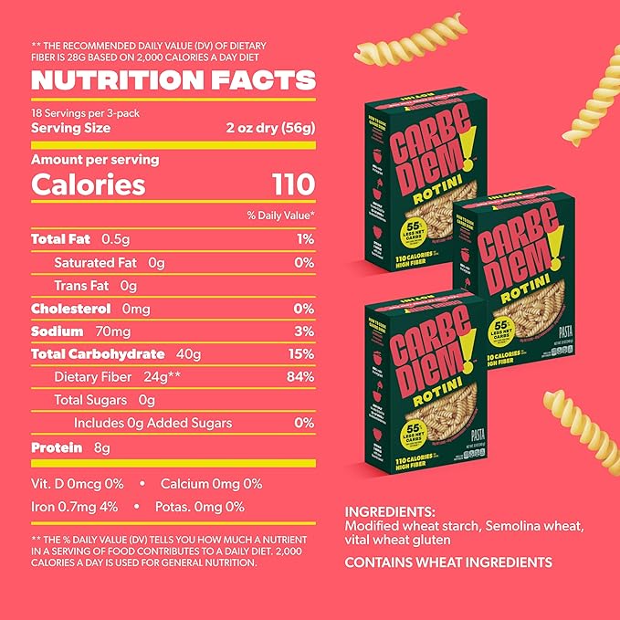 Carbe Diem!, Rotini, Lower Net Carb Pasta with Traditional Flavor & Texture, 55% Fewer Net Carbs & Only 110 Calories Per Serving, Pack of 3