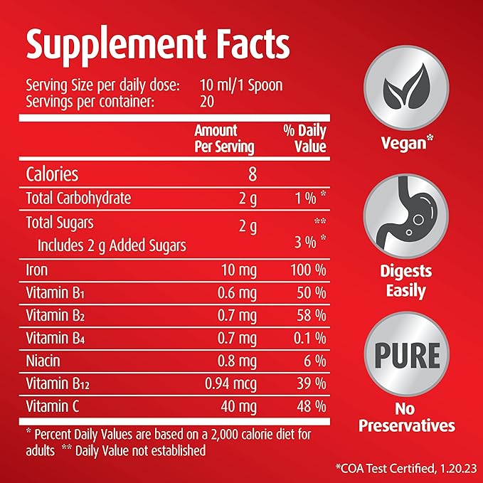 Iron Vital Liquid Iron Supply Plus Vitamin C, Dietary Supplement for Adults and Kids, Vegan and Gluten-Free, Fruit Flavor, Box of 20 Packets + 2 Extra Packets, 10 ml Each