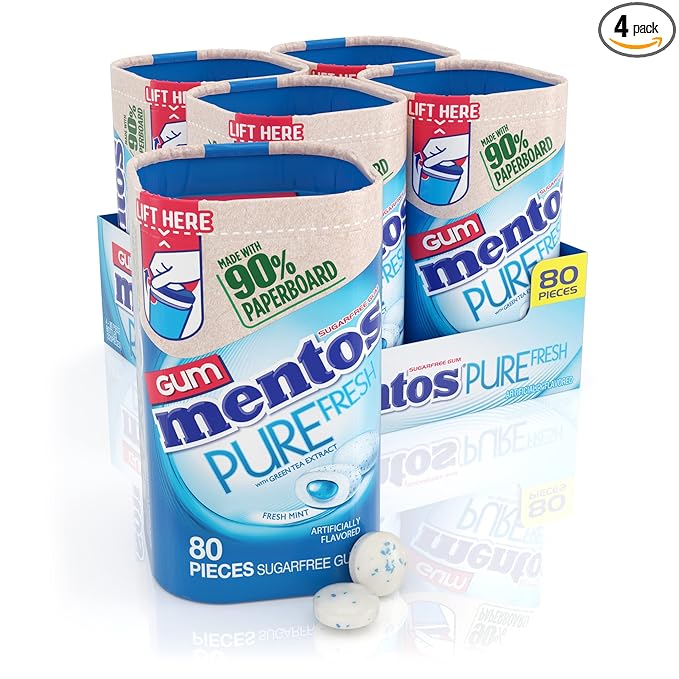 Mentos Pure Fresh Chewing Gum, Sugar-Free, Xylitol, Fresh Mint, 80 Piece Bottle, recyclable 90% Paperboard Bottle, 80 Count (Pack of 4)