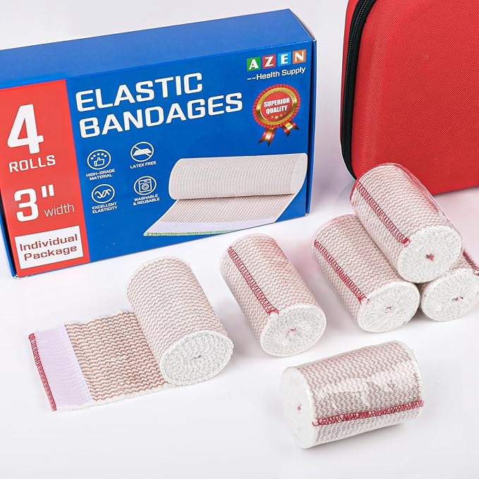 AZEN Premium 4 Pack Elastic Bandage Wrap 3 Inch, Compression Wrap Bandage for Legs, Lymphedema Wraps for Legs, Ankle, Knee, Tummy, Body