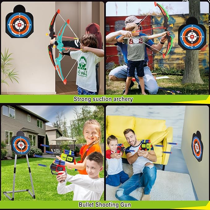 2 Pack Bow and Arrow for Kids Sports and Outdoor Play Toys Archery Set with LED Light Up 16 Arrows 1 Standing Target 2 Quiver Indoor Outdoors Toy for Age 4-12 Year Old Boy Girl Gift