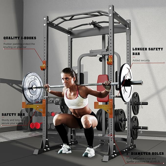 BEKING Power Cage, 2000LBS Power Rack with LAT Pulldown, 2.36" ×2.36" Multi-Functional Squat Rack, Squat Cage with Pulley System and More Training Attachments for Home Gym