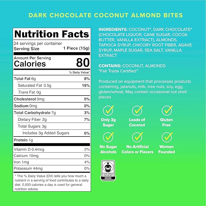 SkinnyDipped Dark Chocolate Coconut Almond Bites, Low Sugar Chocolate Coconut Bar, 3.17oz Resealable Bags, Pack of 4 (24 Bites Total)