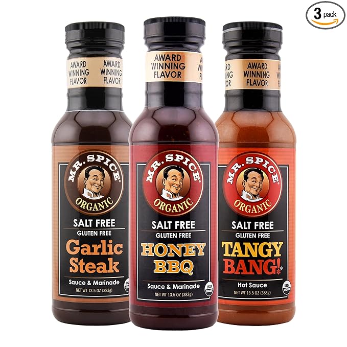 Mr. Spice Salt Free Award-Winning Taste Original 3 Pack | Garlic Steak | Honey BBQ | Tangy Bang | Low Sodium | Organic | No Salt BBQ Sauce | Gluten Free | Low Calorie Sauce | 13.5 Ounce (Pack of 3)