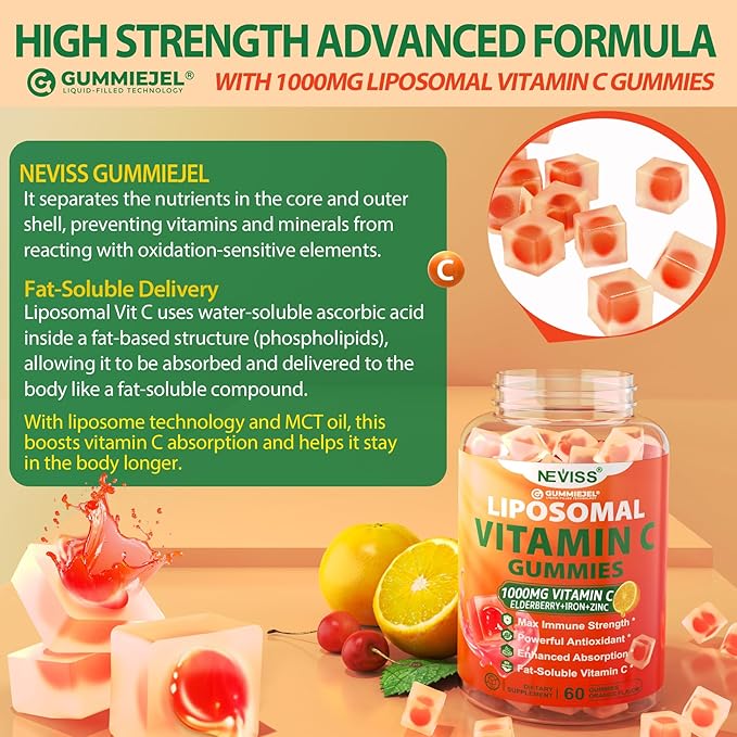 Liposomal Vitamin C 1000mg Gummies for Adults - Vitamin C Chewable 1500mg with 8mg Iron, Zinc & Elderberry - Immune Support, Immune Booster Supplement - for Energy, Collagen Booster, 1Pack Sugar Free