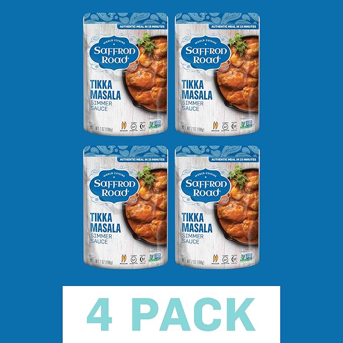 Saffron Road Tikka Masala Simmer Sauce | Globally Inspired Simmer Sauce | Gluten-free, Vegetarian, Non-GMO, and Certified Halal and Kosher | 7.0oz Pouch | Pack of 4