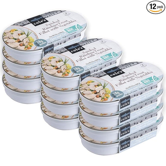 COLE’S - Smoked Rainbow Trout Fillet with Vegetables | Ready to Eat Meal | 5.6 oz Hand-Packed Canned Fish | 18g Protein | High in Vitamin D | 12 pack