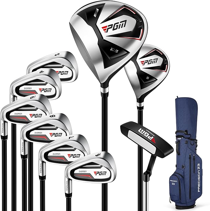 PGM Men's Oversea 9/12 Pieces Complete Golf Club Set with High-Strength Thin Face Design 460cc Driver High Forgiveness Ideal for Beginners