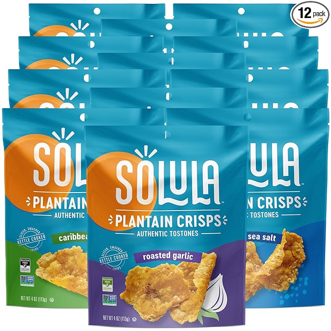 Solula Plantain Crisps Authentic Tostones, Variety Pack, 4 Ounce (Pack of 12), Pacific Sea Salt, Roasted Garlic and Caribbean Lime, Kettle Cooked Chips, Gluten Free, Paleo Friendly, Grain Free, Vegan