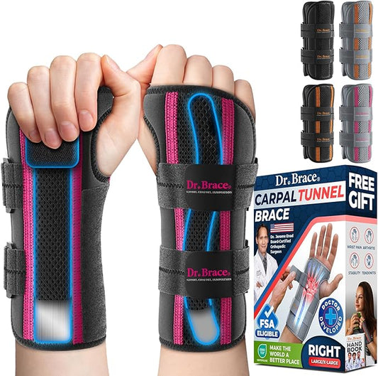 DR. BRACE Adjustable Wrist Brace Night Support for Carpal Tunnel, FSA & HSA Eligible, Doctor Developed, Upgraded with Double Splint & Therapeutic Cushion, Hand Brace For Pain Relief, Injuries, Sprains
