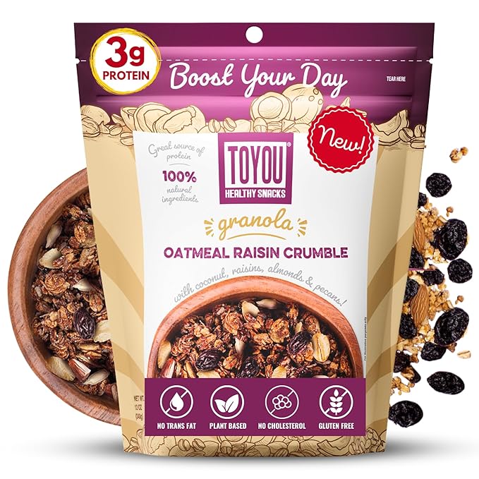 ToYou Snacks Granola, Fruit and Granola Cereal, | Oatmeal Raisin Crumble - 12 Ounce (Pack of 1) | Gluten Free, Plant Based, Vegan, Healthy Snacks for Adults and Kids, Breakfast Cereal with Protein and Fiber