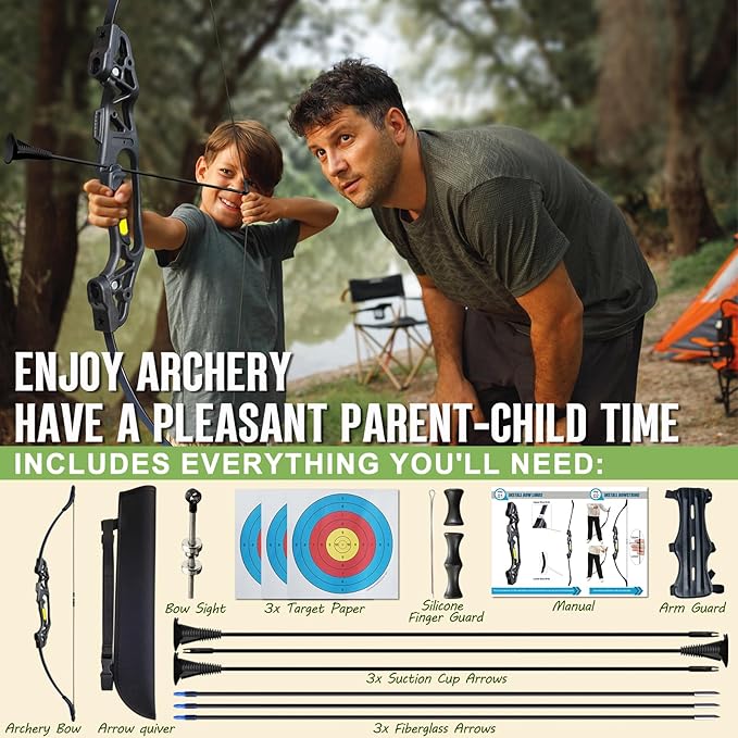 Bow and Arrow Set for Teens Beginners Adults Archery Recurve Bow, Upgraded Arrow Rest, Soft Silicone Finger Guard, 18lbs Longbow Kit with 6X Arrows Backyard Games Gift for Outdoor