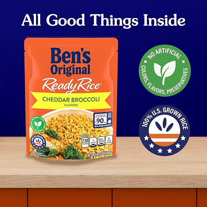 BEN'S ORIGINAL Ready Rice Cheddar Broccoli Flavored Rice, Easy Dinner Side, 8.5 OZ Pouch (Pack of 12)