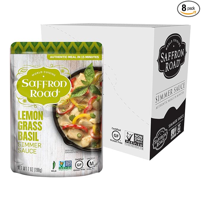 Saffron Road Lemongrass Basil Simmer Sauce | Globally Inspired Simmer Sauce | Gluten-free, Vegan, Non-GMO, and Certified Halal and Kosher | 7.0oz Pouch | Pack of 8