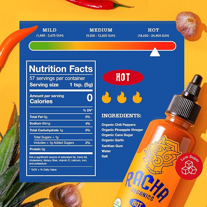 Racha Organics Sriracha Hot Sauce - USDA Organic Sriracha Sauce Made with Estate-Grown Thai Chili Peppers - Low-Sugar, Non-GMO, Gluten Free, Keto Friendly - 10oz - Made in Thailand
