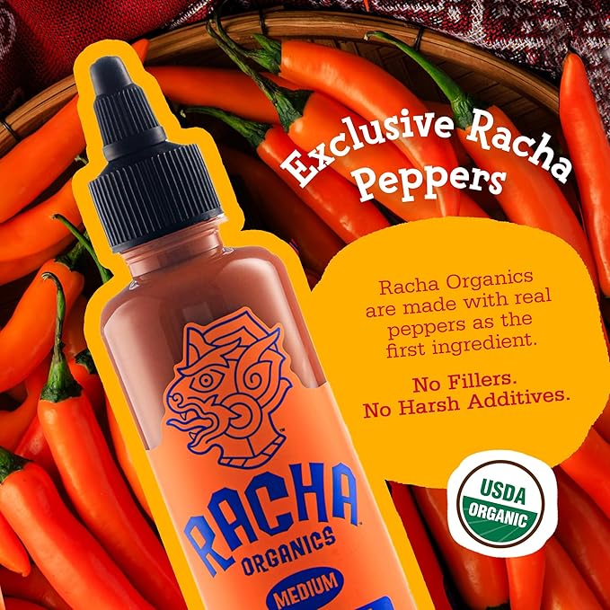 Racha Organics Medium Heat Sriracha Hot Sauce - USDA Organic Sriracha Sauce Made with Estate-Grown Thai Chili Peppers - Low-Sugar, Non-GMO, Gluten Free, Keto Friendly - 10oz - Made in Thailand