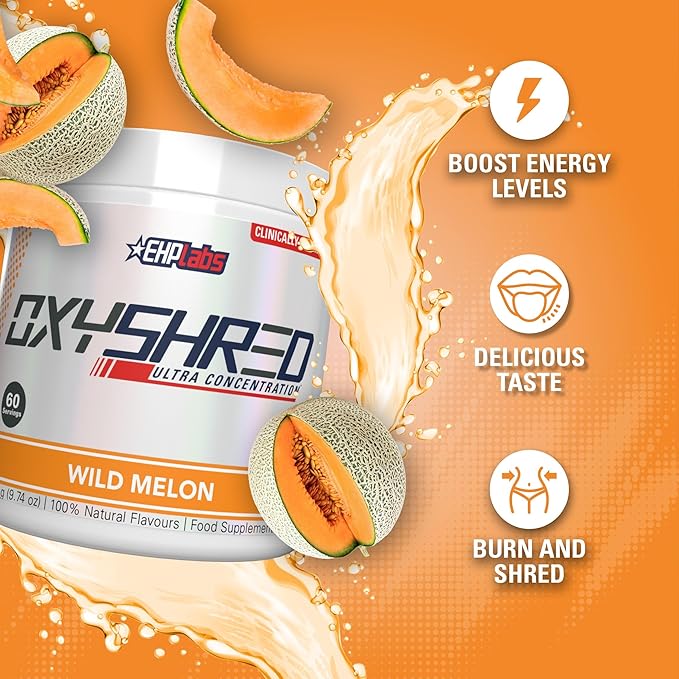 EHP Labs OxyShred Pre Workout Powder & Shredding Supplement - Preworkout Powder with L Glutamine & Acetyl L Carnitine, Energy Boost Drink - Wild Melon, 60 Servings