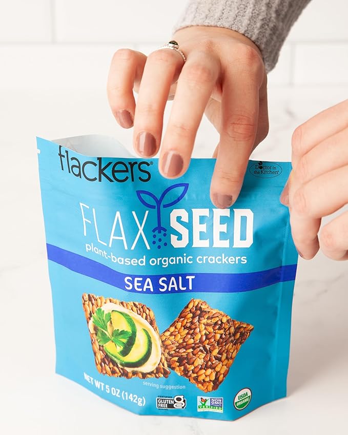 Flackers Organic Sea Salt Flaxseed Crackers, 5 Ounce 12-Pack, Gluten Free, Non GMO, Vegan, Keto Snack, 9g Fiber, 1g Net Carb