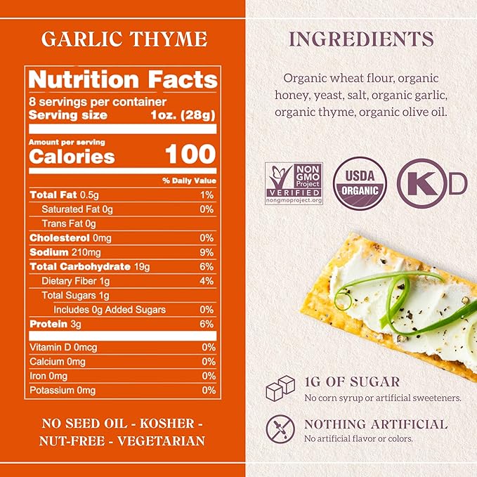 Firehook Garlic Thyme Crackers – Artisan Baked, Craveably Crunchy, Baked with Mediterranean Garlic & Thyme – Organic, Non-GMO, Kosher– 8 oz Box