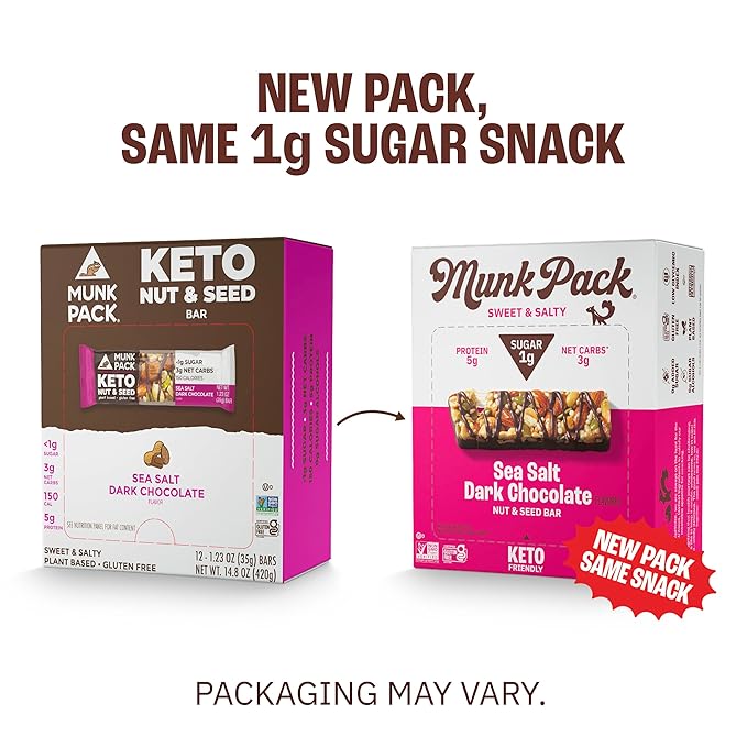 Munk Pack Nut & Seed Snack Bars - 5g Protein, 1g Sugar, 3g Net Carbs, Low Sugar, Keto, and Gluten Free Snack for Adults and Kids, Sea Salt Dark Chocolate – 4.92 oz, 24 Pack