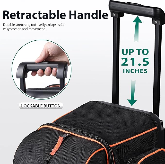 Double Roller 2 Ball Bowling Bag with Separate Shoe Compartment for Bowling Shoes (Up To US Mens Size 15) and Oversized Accessory Pocket, Retractable Handle - Extends to 40"
