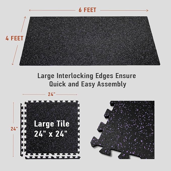 0.56in Thick 24 Sq Ft Exercise Equipment Mats, 6 Tiles Upgraded Rubber Top with High Density EVA Foam, Large Interlocking Puzzle Gym Flooring for Home Gym, Heavy Weight Workout, Black & Purple