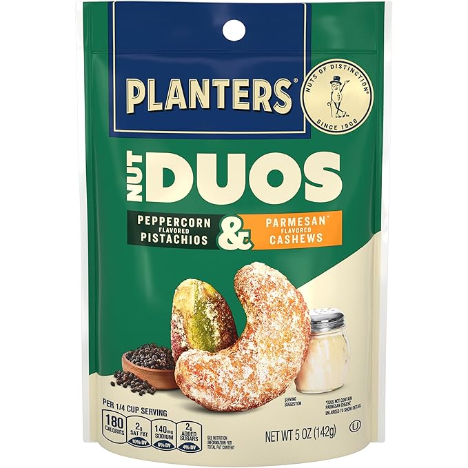 PLANTERS Nut Duos, Flavored Nuts, Peppercorn Pistachios & Parmesan Cashews 5oz
