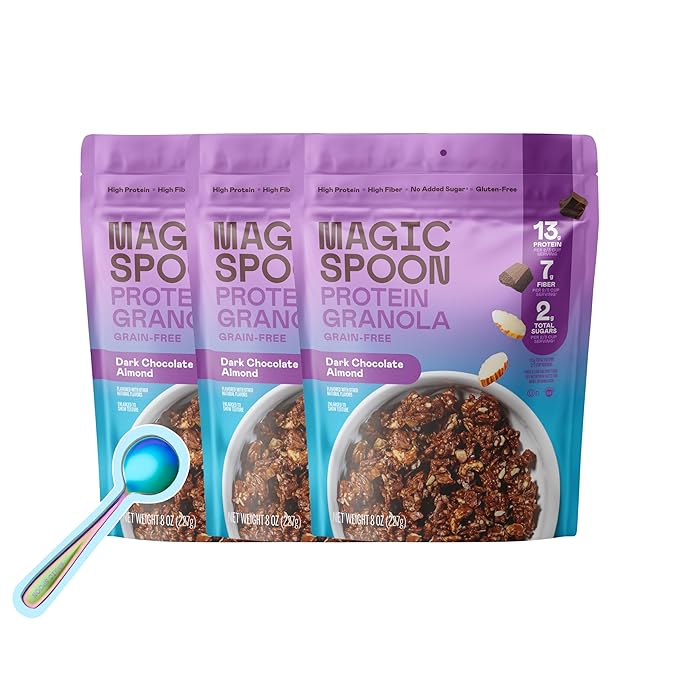 Magic Spoon Protein Granola - High Protein Granola, Keto Friendly, Low Sugar, Grain Free, Healthy Breakfast or Quick Snack (3 bags of Dark Chocolate Almond)