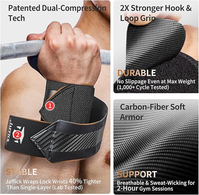 Jaffick Double-Layer Reinforced Wrist Wraps for Weightlifting - Men & Women, Thumb Loop Design for Powerlifting, Crossfit, Bodybuilding, Deadlifting - Fits Both Hands