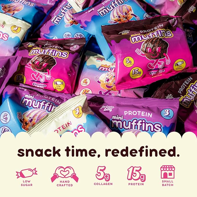 Prime Bites Minis | Protein Mini Muffins from Alpha Prime Supplements | High Protein, Collagen Fortified Low Sugar Treat | Delicious Snack | 12 Packs per Box - Variety Pack