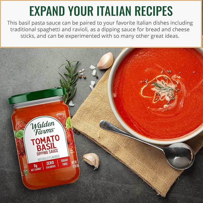 Walden Farms Tomato Basil Pasta Sauce – Zero Calorie, Sugar Free, Keto & No Carb Sauce for Pasta, Veggies & More – 12 oz Bottle