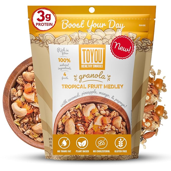 ToYou Snacks Granola, Fruit and Granola Cereal, | Tropical Fruit Medley - 12 Ounce (Pack of 1) | Gluten Free, Plant Based, Vegan, Healthy Snacks for Adults and Kids, Breakfast Cereal with Protein and Fiber