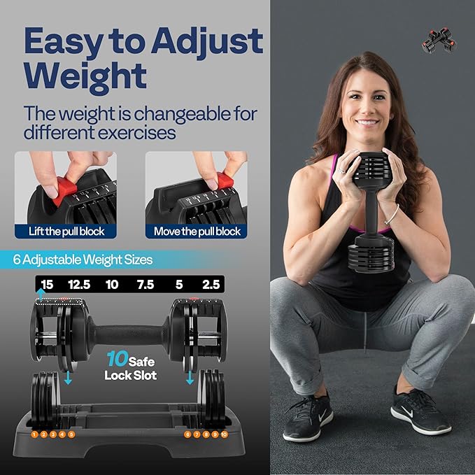 VIVOHOME 2.5 lbs to 15 lbs Adjustable Weights Dumbbells Set of 2 with Anti-Slip Handle and Tray Multiweight Options Workout Equipment for Men Women Home Gym Office Black