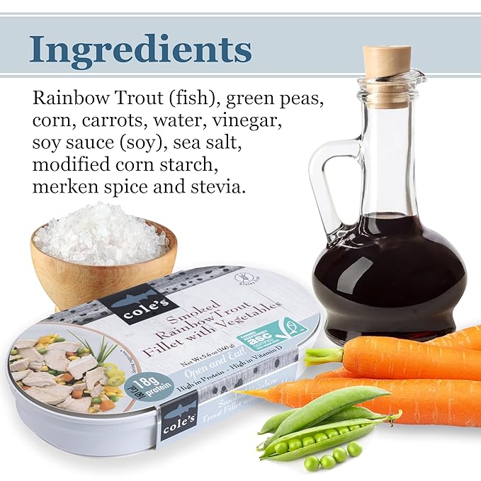 COLE’S - Smoked Rainbow Trout Fillet with Vegetables | Ready to Eat Meal | 5.6 oz Hand-Packed Canned Fish | 18g Protein | High in Vitamin D | 12 pack