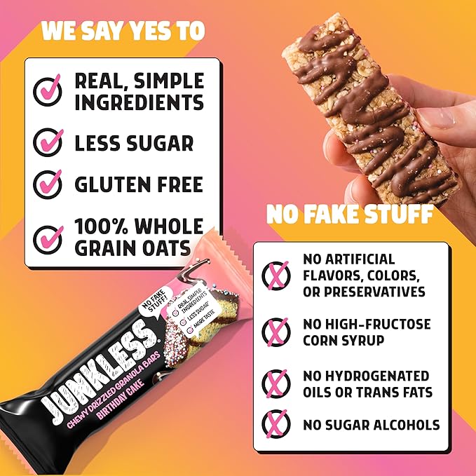 JUNKLESS Chewy Granola Bars Twin Pack – Chocolate Chip & Drizzled Birthday Cake (12 Bars)–Less Sugar, Non-GMO, Gluten-Free, Wholesome Snack Bars for Kids & Adults, 2 Boxes