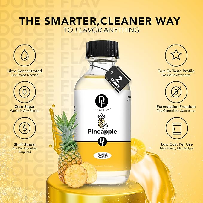 Dolce Flav Pineapple Extract – 8 Ounce Oil-Soluble Kosher Kosher, Sugar-Free, Concentrated Tropical Flavor for Candy, Chocolates & Desserts, Includes Measured Dropper