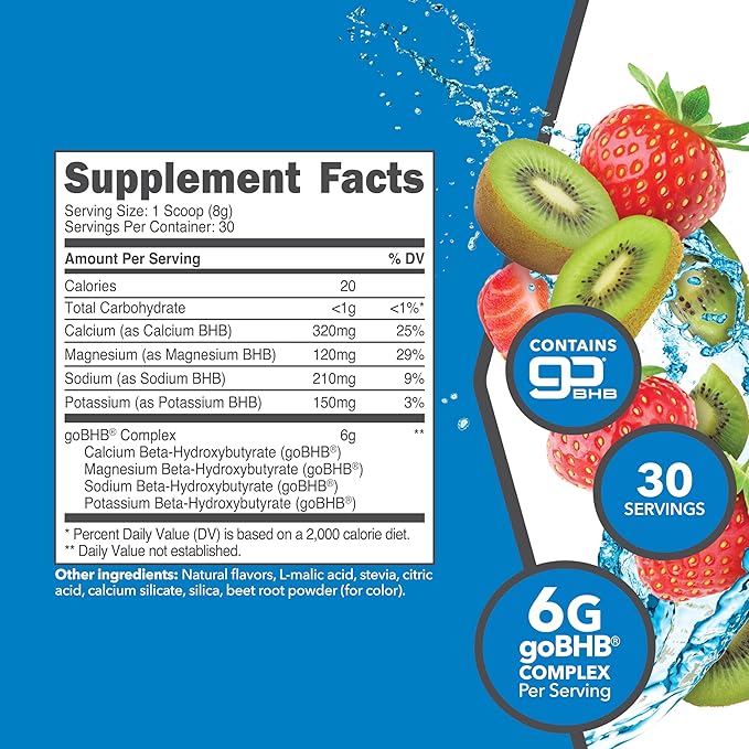 Ketologic Keto BHB (Strawberry Kiwi Flavor) 30 Servings - Exogenous Ketone Supplement with goBHB, Beta-Hydroxybutyrate Salts