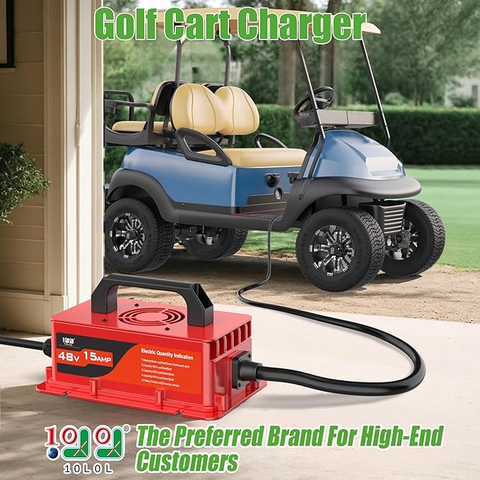 10L0L Club-Car-DS Charger 48V 15A 3-Pin Round Plug Golf Cart Rapid Charger - IP68 Waterproof, Auto Shut-Off, Smart Cooling, Aluminum Housing, Charging Indicator (Red)