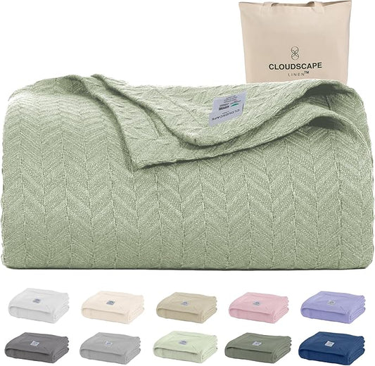 Cloud Scape Linen 100% Cotton Queen Size Blanket, Herringbone Pattern, Lightweight Summer Blanket,Best Gifts for Women, fits Full Size Bed, 92 x 92, Seafoam Green