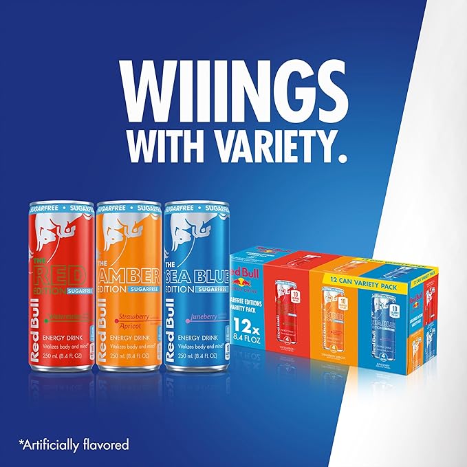 Red Bull Energy Drink Sugar Free Variety Pack, Red, Amber, and Sea Blue, with 80mg Caffeine, Taurine & B Vitamins, 8.4 fl. oz, Pack of 12 Cans