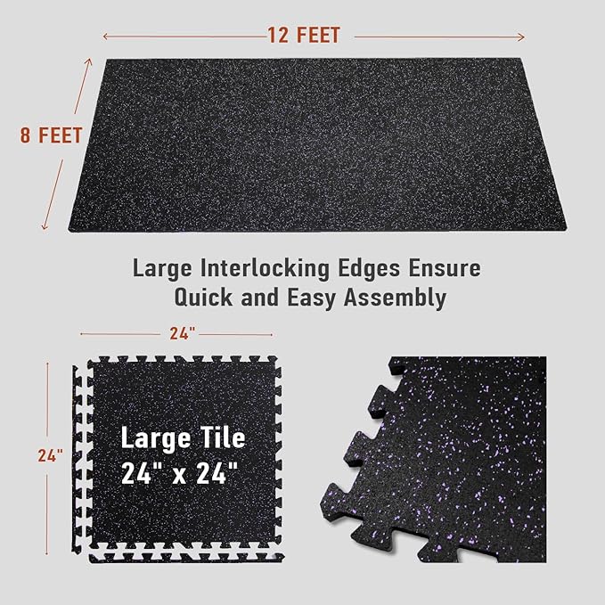 0.56in Thick 96 Sq Ft Exercise Equipment Mats, 24 Tiles Upgraded Rubber Top with High Density EVA Foam, Large Interlocking Puzzle Gym Flooring for Home Gym, Heavy Weight Workout, Black & Purple