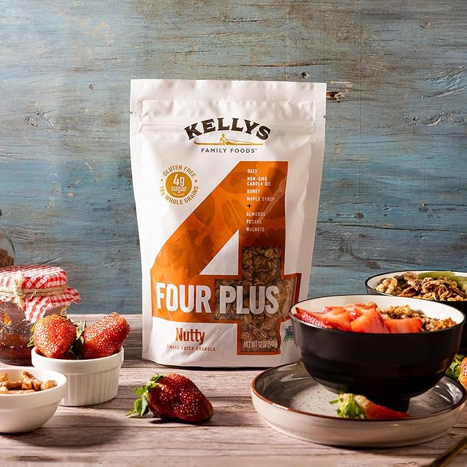 Kelly's Four Plus Granola (Nutty) Healthy Granola Cereal with Whole Grain Oats, Honey, Maple Syrup - Non-GMO, Low Sugar, Sodium Free and Gluten Free for Yogurt - 12oz - Pack of 6