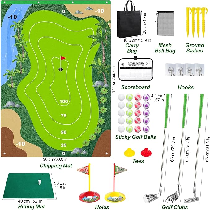 Liberry Kids Golf Set for 3 4 5 6 7 Years Old Boys Girls, Golf Chipping Game with Golf Mat, Sticky Balls, Storage Bag, Retractable Golf Clubs Outdoor Indoor Sports Toy Gift Toss Game (Silver)