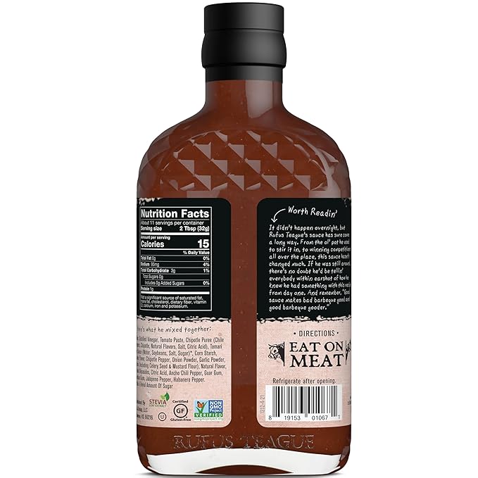 Rufus Teague Sugar-Free BBQ Sauce Smoke 'N Chipotle, Keto Sauce with Stevia, Natural Ingredients, Low Calorie, Award-Winning, Gluten-Free, Kosher, Non-GMO, 12.25 oz