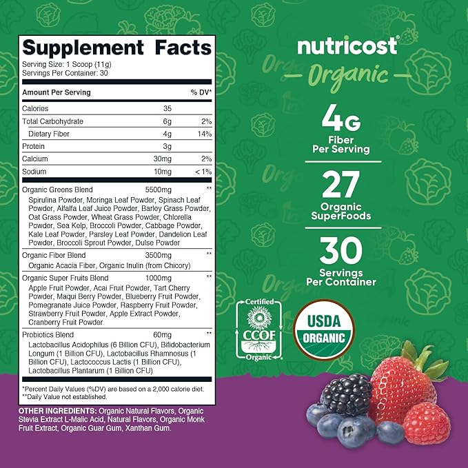 Nutricost Organic Super Greens Powder (30 Servings) Mixed Berry Flavor - Superfood Supplement Drink Mix