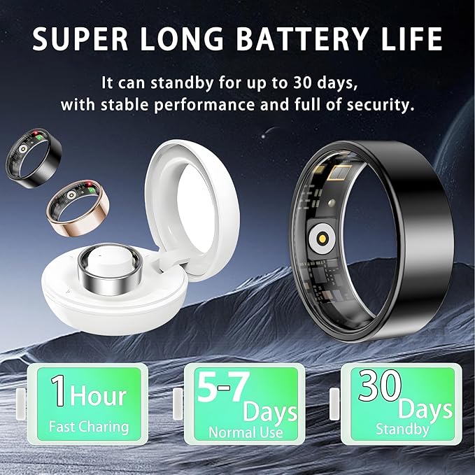 Smart Ring for Women Men, Sleep Tracker Ring, Waterproof Fitness Tracker Health Rings with Heart Rate Monitoring, Blood Oxygen, Stress Distance Calories Steps Tracking, No Subscription Fee(Black,#7)